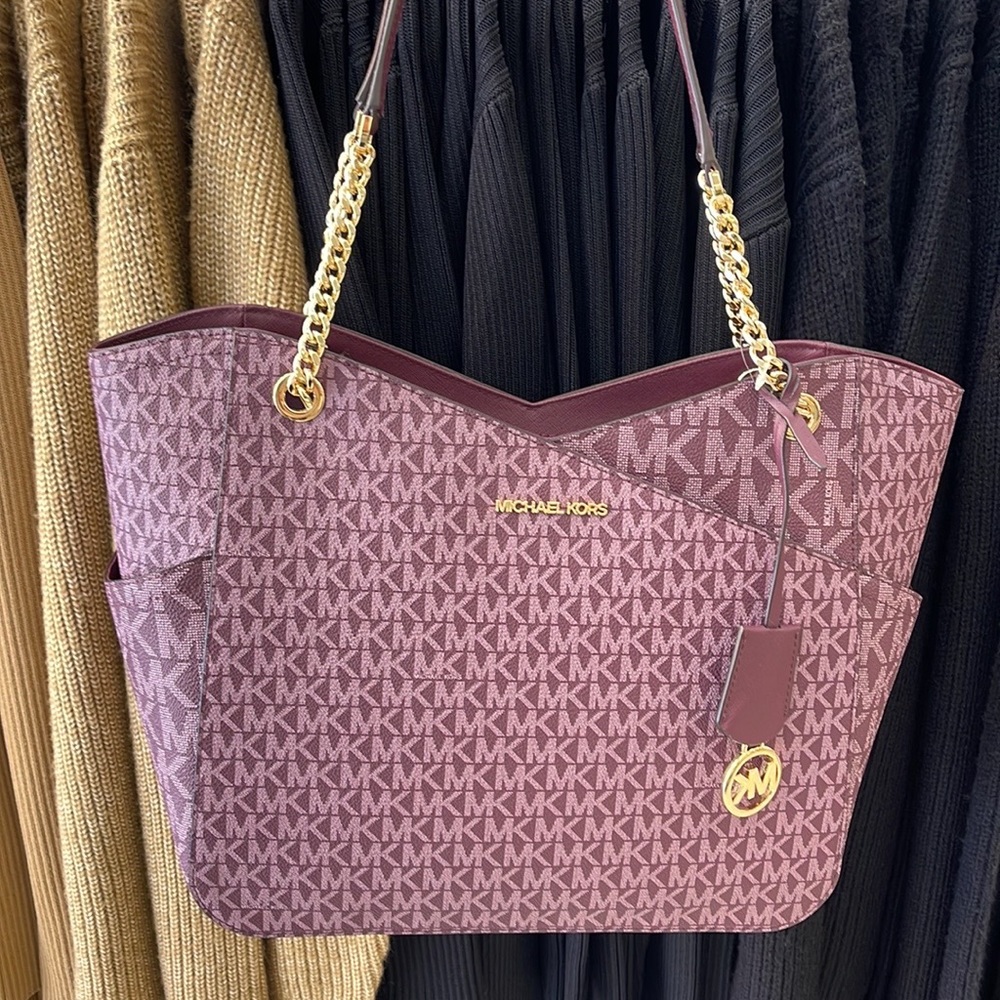 Michael Kors Jet Set Travel Large Chained Tote Shoulder Bag MK Bordeaux Multi - Picture 5 of 16